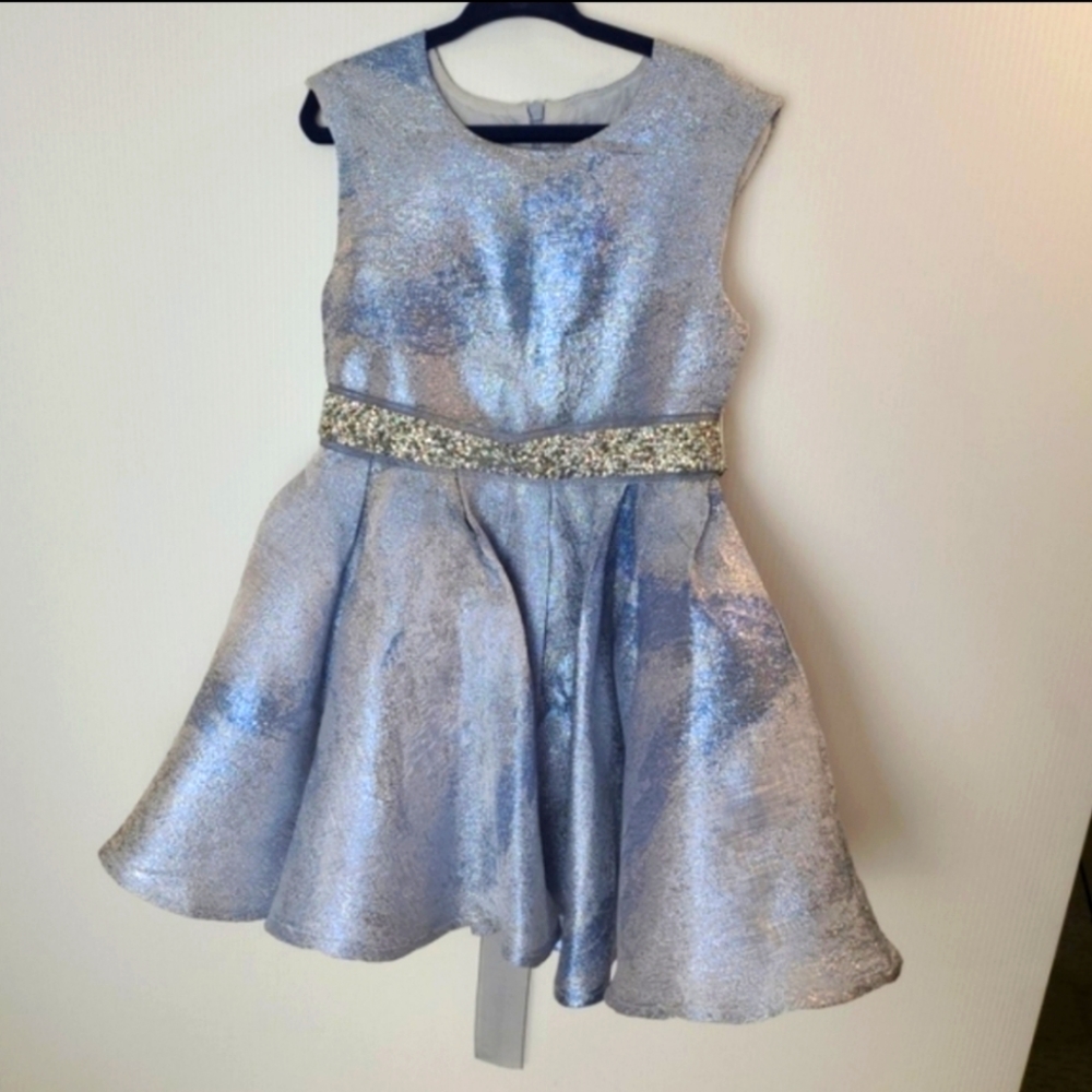 Halabaloo RARE Blue & Silver Sparkly Jacquard Dress with Rhinestone Belt, Size 6